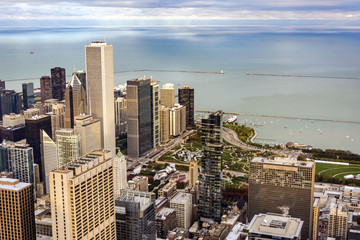 aerial view of Chicago with Jay Pritzker Pavilion and the Millennium Park