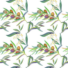 Gold or blonde Olive branches with fruits, flowers and leaves, seamless pattern design, hand painted watercolor illustration