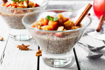 Chia pudding with caramelized apples and walnuts