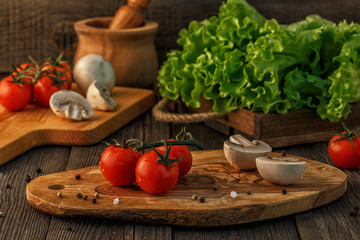 Vegetables, herbs, spices background. Selective focus.