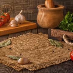 Vegetables, herbs, spices background. Selective focus.
