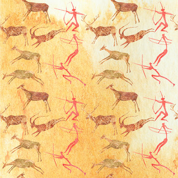 Cave Painting Seamless Pattern. Hunting scene background.
