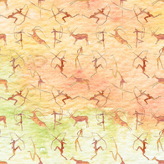 Fototapeta premium Cave Painting Seamless Pattern. Hunting scene background.