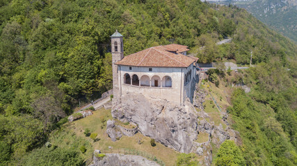 Aerial shot from the drone of the Sanctuary of Saint Patrick (San Patrizio), Colzate, Bergamo, Italy