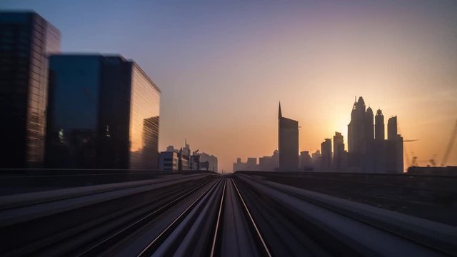 dubai city sunset light metro line ride front panorama 4k time lapse uae
