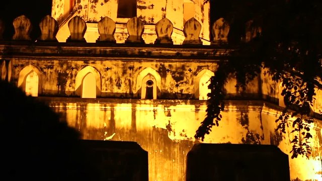 One of the surviving forts of Bangkok - Phra Sumen Fort. Architecture details at night illumination. Thailand.