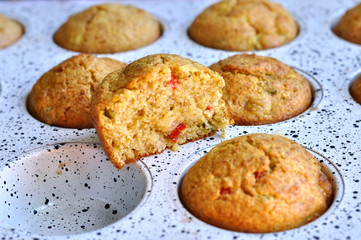 Delicious muffins in the pan for baking. Homemade bakery .Selective focus 