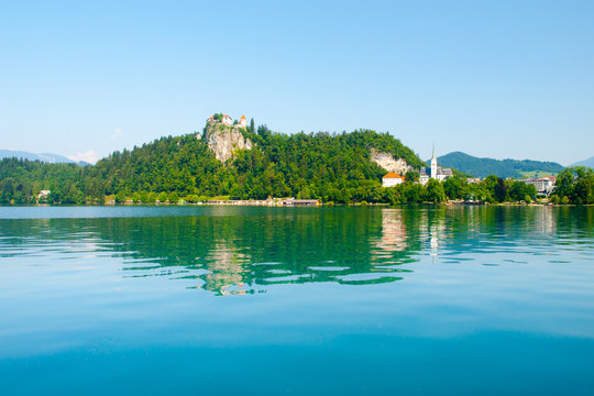 Bled Castle above Bled Lake on sunny summer day, Slovenia, Europe.