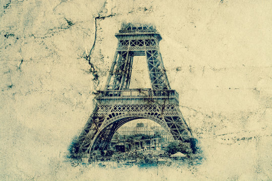 Fototapeta Eiffel Tower in Paris. Vintage view background. Tour Eiffel old retro style photo with cracks crumpled paper.