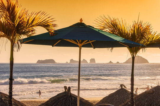 Beach scene with palm trees, beach umbrellas and ocean background