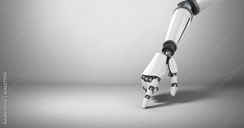 Poster android robot hand pointing with grey background