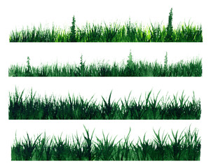 Set of watercolor illustrations of green grass on white background.