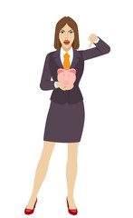 Businesswoman holding a piggy bank and showing thumb down gesture as rejection symbol