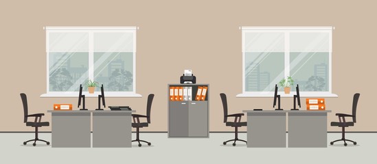 Office room in a beige color. There are gray tables, black chairs, cabinet for documents, printer and other objects in the picture. Vector flat illustration.
