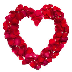 Heart shape formed by red rose petals on white background