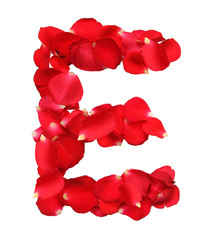 Alphabet E formed by red rose petals on white background