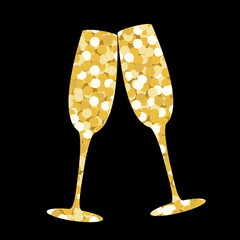 Two champagne glasses made of golden sequins on a black backdrop