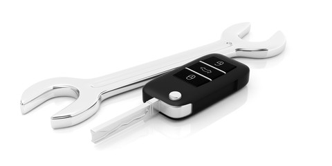 Car key and a spanner on white background. 3d illustration