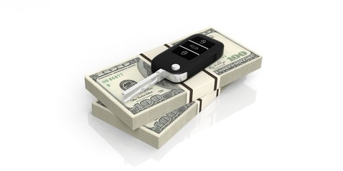 Car key on dollars banknotes - white background. 3d illustration