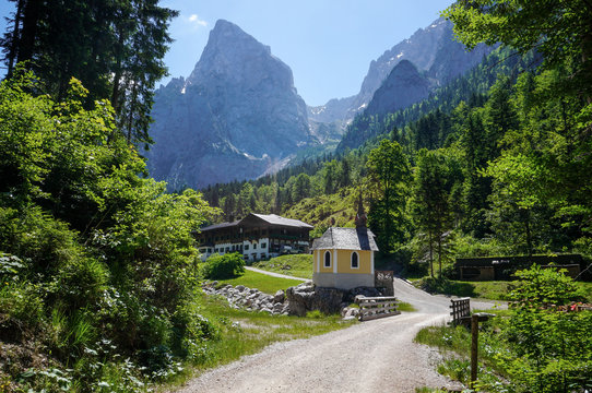 A small chapel at the foot of the Wilder Kaiser Alps in Austria