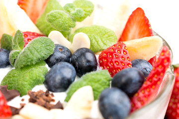 Dessert with strawberry mint and chocolate mousse. Shallow depth of field.