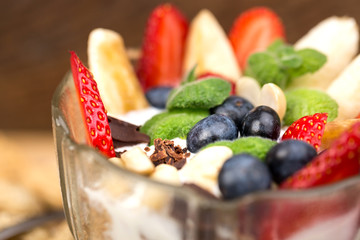 Dessert with strawberry mint and chocolate mousse. Shallow depth of field.