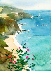 Watercolor Ocean Coast California Coastline Flowers Hand Painted Illustration - 146284166