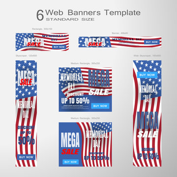Web banners of Memorial Day vector set of standard size on the gradient gray background.