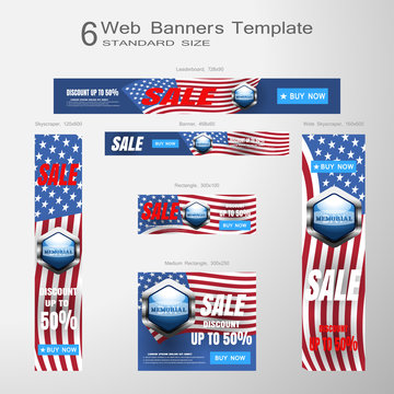 6 web banners vector set of Memorial Day sale of standard size on the gradient gray background.