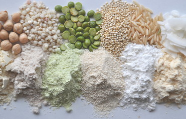 Alternative gluten-free flour, grains, seeds and legumes - teff, amaranth, corn, chickpeas, sorghum, green peas, quinoa, rice, coconut
