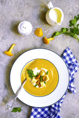 Creamy chanterelle soup.Top view.