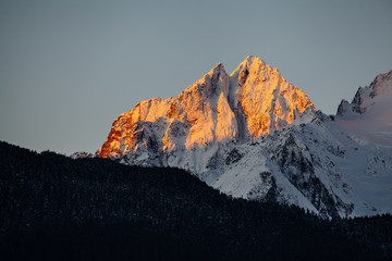 Dramatic Mountain Peak Rising Over Dark Forest Ridge, Haines Alaska