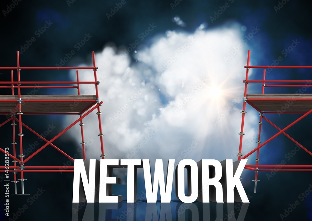 Poster network text with 3d scaffolding and illuminated cloud