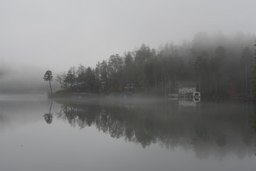 Des traînées de brouillard flottant au-dessus des maisons du lac