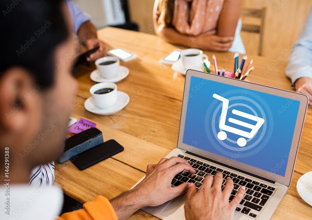 Poster Person using Laptop with Shopping trolley icon