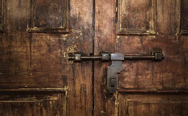 Closed Old vintage wood Door with door lock
