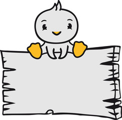 feld holz brett schild leere fläche schreiben text rahmen halten küken süß niedlich klein baby kind ente vogel comic cartoon