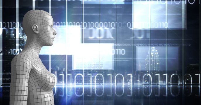 3D white female AI against window with binary code and flares