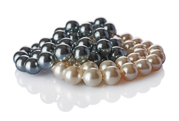 Luxury elegant gray and beige pearl necklaces close-up