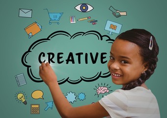 Kid writing creative doodles on green background