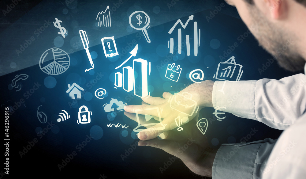 Poster man touching technology smart table with business icons