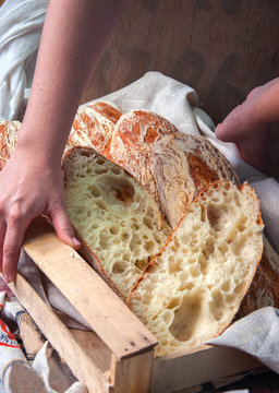 Woman's hands holding wooden box with freshly baked italian ciabatta bread.  Dark rustic style.