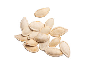 Heap of pumpkin seeds on white background