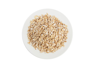 Plate with muesli top view isolated on white background