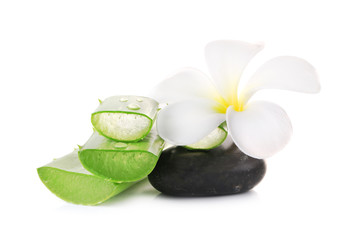 Aloe vera and flower on a white background.