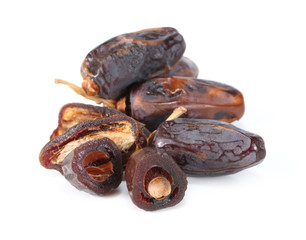 Group of delicious dates laying, dried date palm, The raisin isolated on white background.