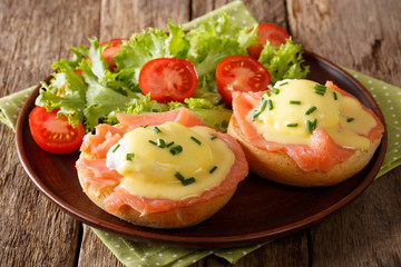 Delicious eggs benedict with smoked salmon, hollandaise sauce and fresh vegetables close-up. horizontal