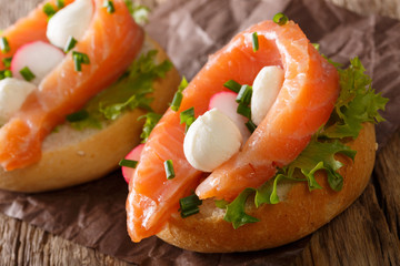 sandwiches with smoked salmon, mozzarella, lettuce and radish close-up. horizontal