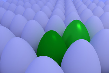 Individualität in der Masse: zahlreiche Eier in leicht bläulichem Umgebungslicht, die auf einer hellbraunen Fläche stehen