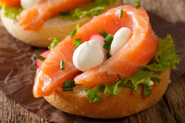 Delicious sandwich with salmon, mozzarella cheese and radish close-up. horizontal
